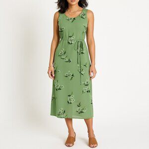 Fashion Bug 16 Dress Green Floral Sleeveless Maxi Keyhole Back Tie Waist Summer